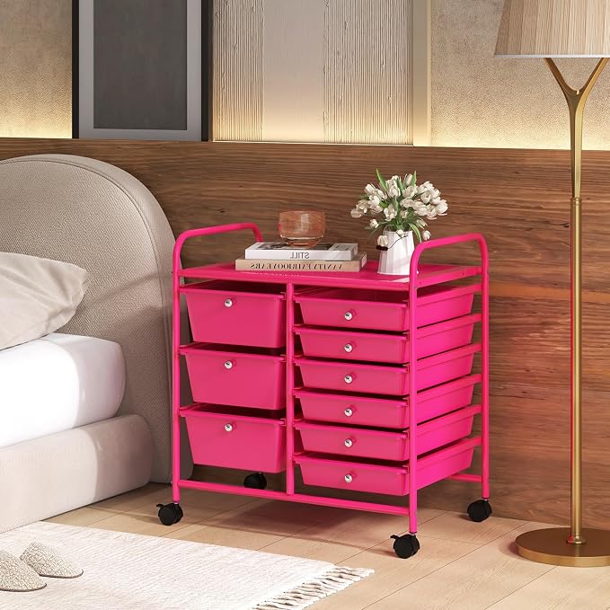 RELAX4LIFE 9 Drawer Rolling Storage Cart - Mobile Drawer Carts for Craft Art Supply Paper Salon, Utility Cart on Wheels for Classroom Teacher School Office, Rolling Cart with Drawers (Hot Pink)