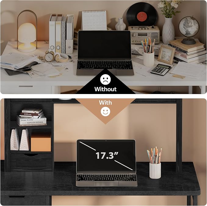 Large Desktop Bookshelf with Sliding Barn Door, 47.2''W Desk Shelf Display Rack, Desktop Organizer Storage Rack with 7 Cubbies and Drawer, Home, Desk Shelf for Office, Dorm, Vanity, Black