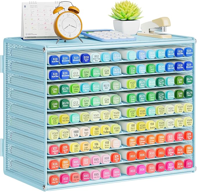 Marbrasse Mesh Marker Organizer, 9-Tier Rack Holds 126 Markers, Blue | Marker Holder, Space-saving Vertical Design, Desktop Storage for Office Classroom & Home Art Supplies