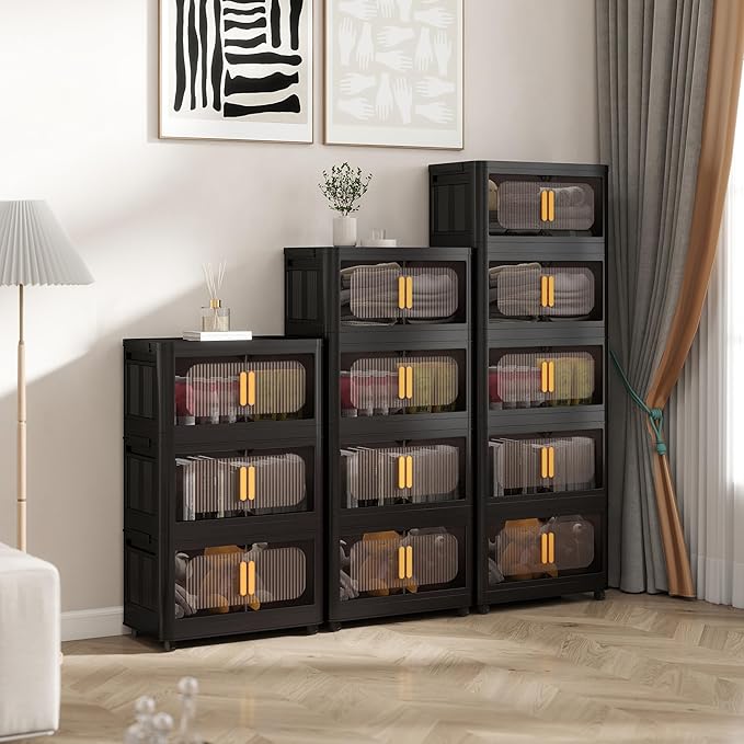 Foldable Storage Cabinet，Plastic Cabinet，Stackable Storage Bins， Open Front with Magnetic Door and Wheels(Black - 4Tiers)