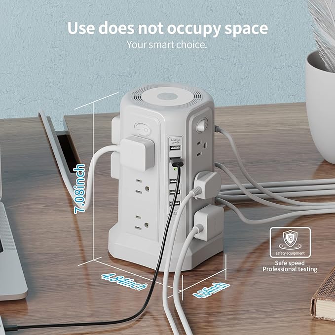 Surge Protector Power Strip Tower with 5 USB Ports and Night Light, 10FT Extension Cord with 12 AC Multiple Outlets, PASSUS Power Tower, Overload Protection for Home Office Dorm Room (White)