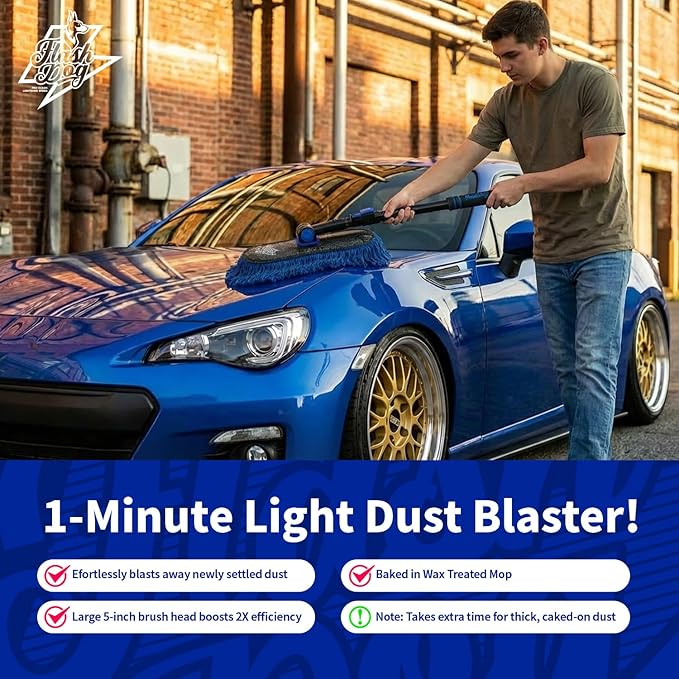 Flash Dog Car Duster Exterior - Wax Treated Cotton & Extendable Aluminum Alloy Handle Scratch Free Cleaning Brush for Cars, Trucks, SUVs, RVs, Motorcycles | Waterless Dust & Pollen Remover