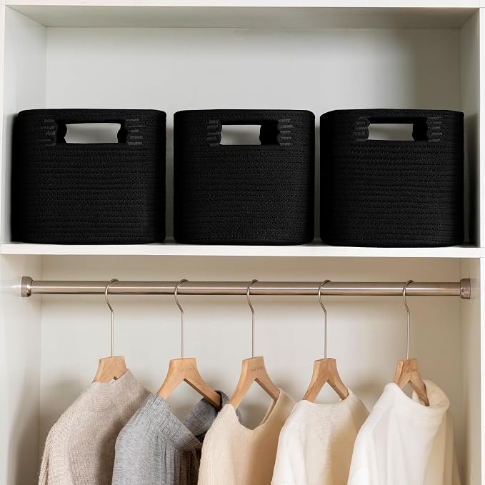 4 Pack Storage Baskets for Organizing, Shelf Baskets with Handles, Black | 14.5"L x 9.8"W x 9"H, Woven Basket, Cotton Rope Basket, Toy Storage, Cube Shelf, Gift Baskets Empty, Home Decor