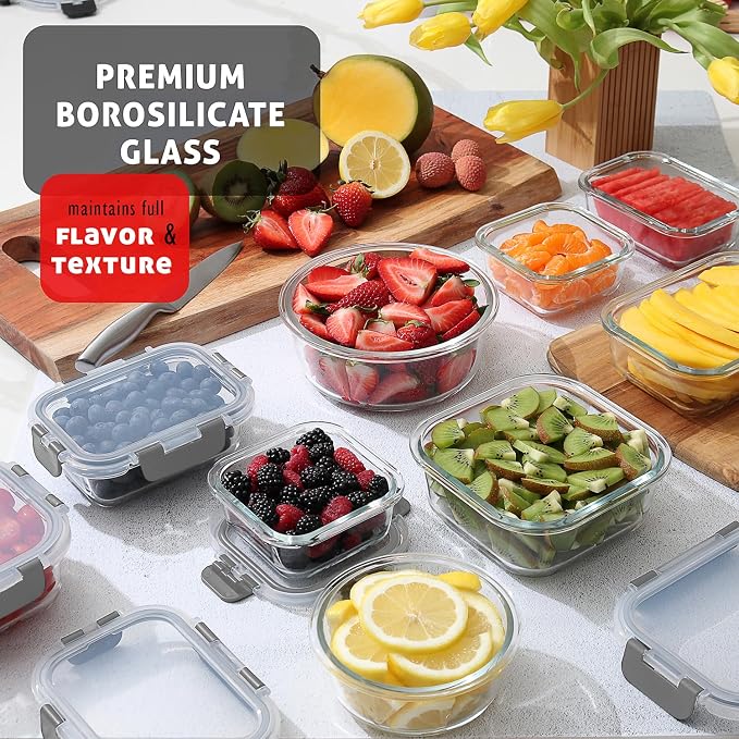 EATEX 32pc Glass Storage Containers with Lids, 16 Glass Food Storage Containers with 16 Airtight Lids for Pantry & Kitchen, Meal Prep Containers for Lunch, Oven Freezer Microwave & Dishwasher Safe