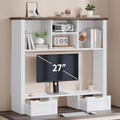 Desk Shelf with Computer Monitor Stand, 37.4''W Desktop Bookshelf Display Rack, Desktop Organizer Storage Rack with Cubbies & Drawers, 5-Tier Hutch for Home, Office, Dorm, Vanity, White&Brown