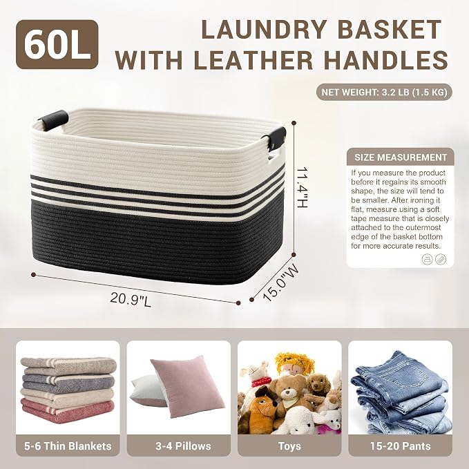 60L Woven Laundry Basket Hamper with Leather Handles,Black | 21"x15"x11", collapsible wicker hamper, storage for dirty clothes, toys, blankets, gifts, living room, bedroom, bathroom