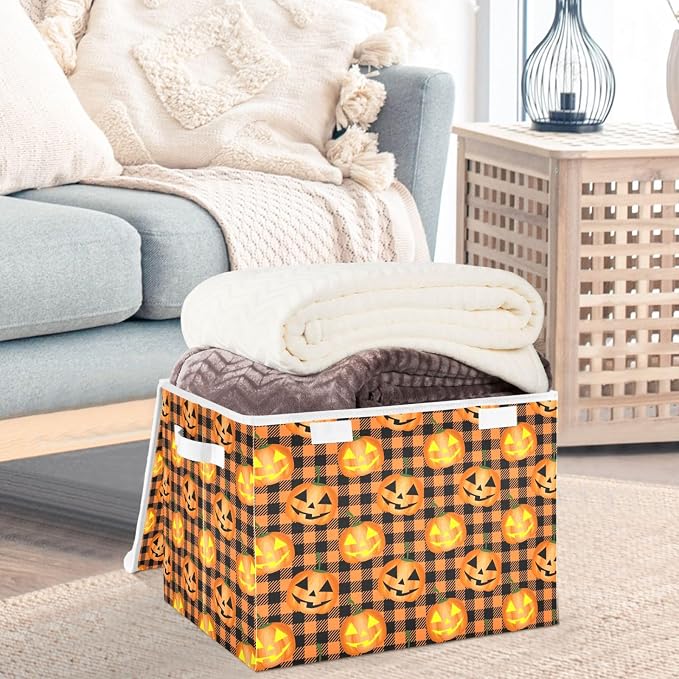 CaTaKu Large Fabric Storage Bins With Lids, Halloween Pumpkin Plaid Storage Boxes With Handles for Organizing Clothes, Collapsible Storage Cube Bins Baskets for Shelves