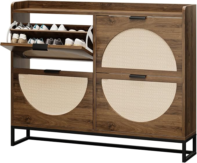 Flip Drawer Shoe Cabinet, Slim Narrow Entryway Storage Furniture with Hidden Flip-Open Organizer, Engineered Wood & Veneer Construction, Hallway Living Room Foyer, 4 Drawer, Oak