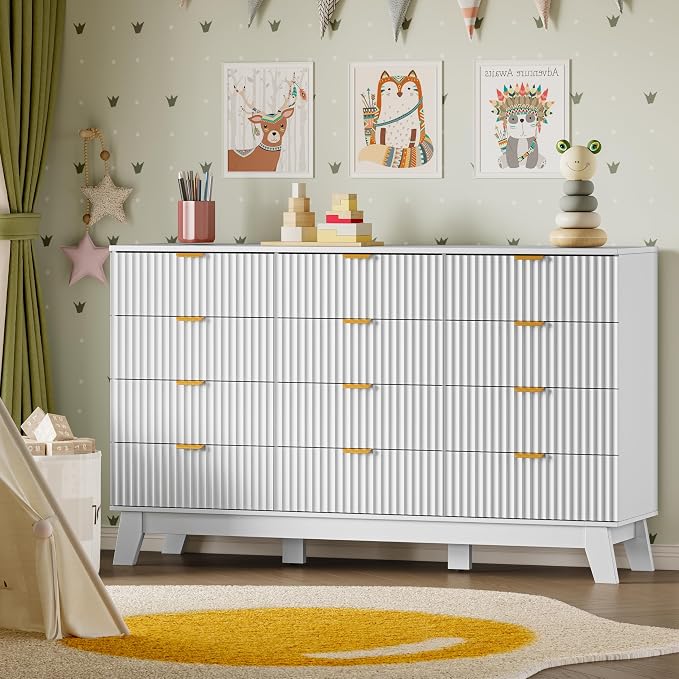 BORNOON 57" Wide Dresser for Bedroom, 12-Drawer Fluted Dresser with Metal Handles, Wood Chest of Drawers with Smooth Slides and Stable Base, Modern Storage Cabinet for Living Room, Nursery