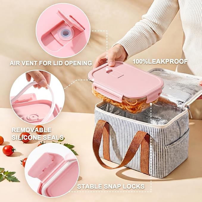 8 Pack Glass Meal Prep Containers with Lids, Glass Food Storage Containers with Snap Locking Lids, Airtight Lunch Containers for Microwave, Oven, Freezer and Dishwasher BPA Free (Pink)