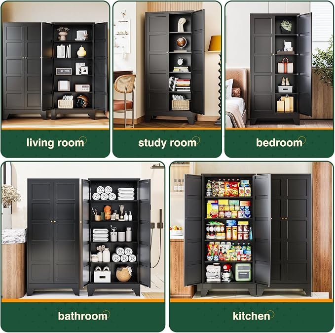 Letaya 71" H Metal Storage Cabinet with 2 Doors and 4 Shelves,Tall Kitchen Pantry Cabinets,Utility Pantry Organizers for Cupboard/Dining/Bathroom/Home Office/Garage (Black, 71" H x 16" D x 32" W)