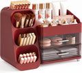 Booklov Large Makeup Organizer for Vanity Countertop, Red | Clear Acrylic Cosmetic Display Case, Beauty Brush Holder for Bathroom Counter, Make Up Skincare Lipsticks Storage