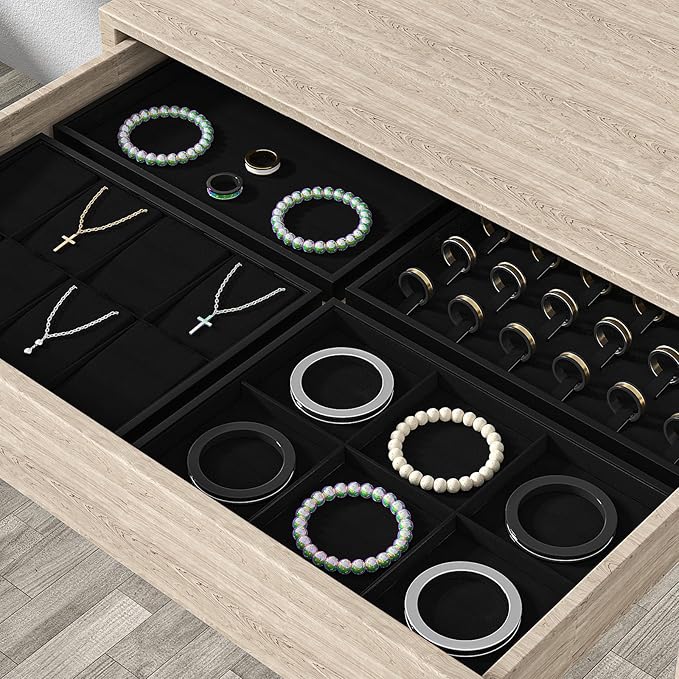 Julysky Jewelry Organizer Trays for Drawer,Jewelry Display Organizer Case for Women,Bracelet Necklace and Ring Display Stand for Selling,Velvet Jewelry Storage Display (Black, Empty Plate)