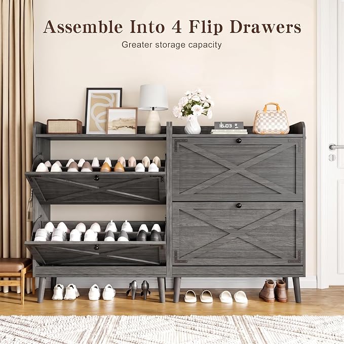 Shoe Storage Cabinet with 2 Flip Drawers & Adjustable Shelves, Freestanding Shoe Cabinet with Side Hooks Narrow Shoe Rack Cabinet for Entryway, Hallway, Rustic Grey