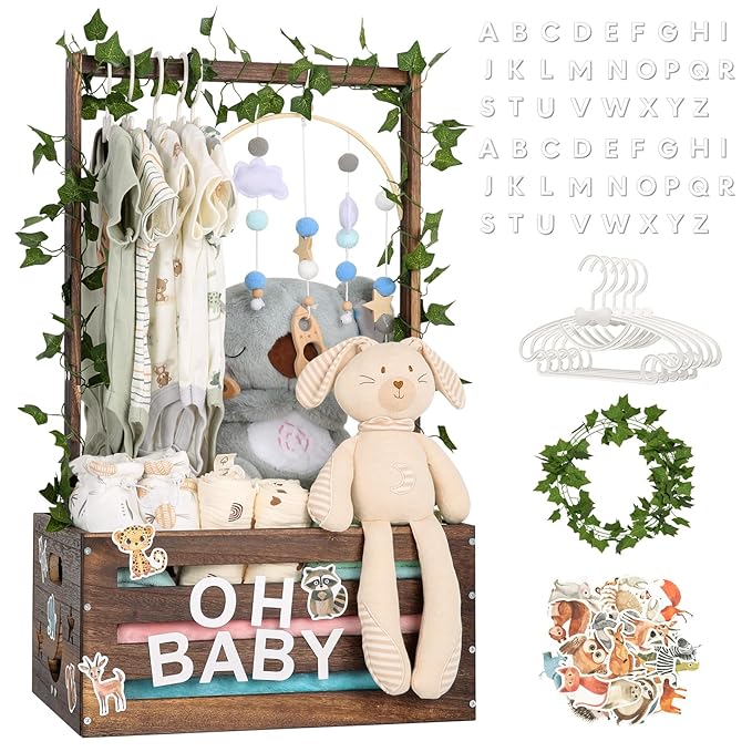 Large Baby Shower Gifts Basket Wooden Crate, Personalized Wooden Letters Hangers New Born Baby Girl Boy Gifts Vine Decorations Closet with Adjustable Handle Pregnancy Gifts for New Mom Parents Brown
