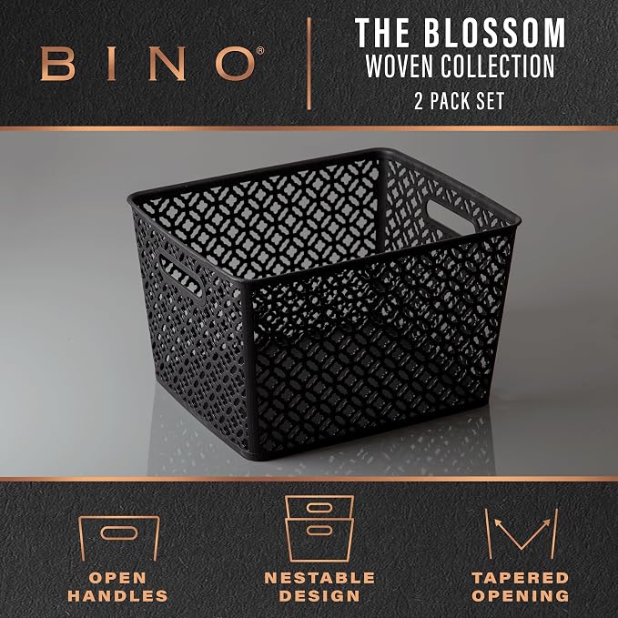 BINO l Plastic Storage Baskets, XLarge - Black | THE BLOSSOM COLLECTION l Multi-Use Organizer Bin l Built-in Handles l Plastic Woven Basket for Organizing l Pantry & Home Organizing Basket