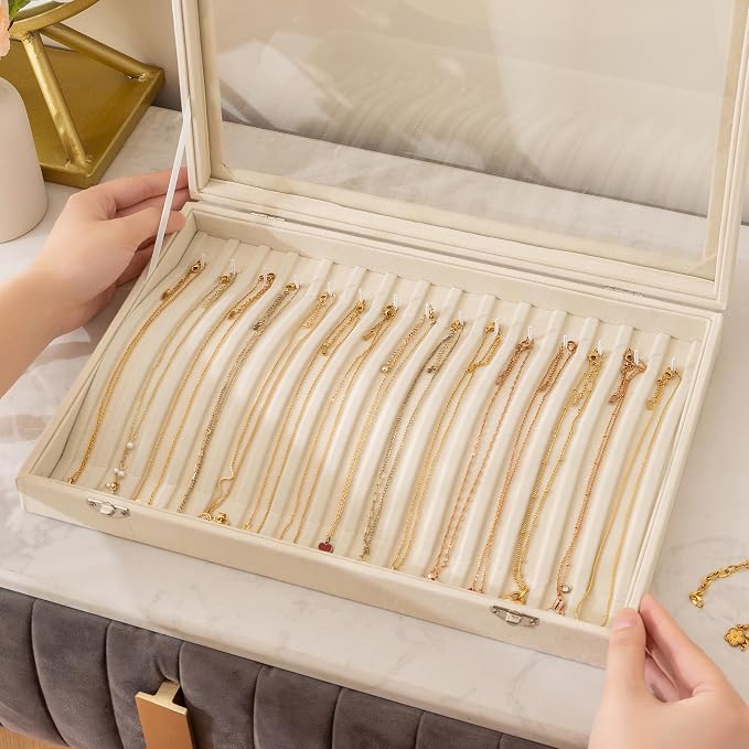 Frebeauty 15 Hooks Necklace Organizer,Velvet Necklace Holder Tray with Lid | Jewelry Organizer for Necklace Pendant Chain,Women Jewelry Box,for Home Use and Jewelry Store,Jewelry Display for Drawer