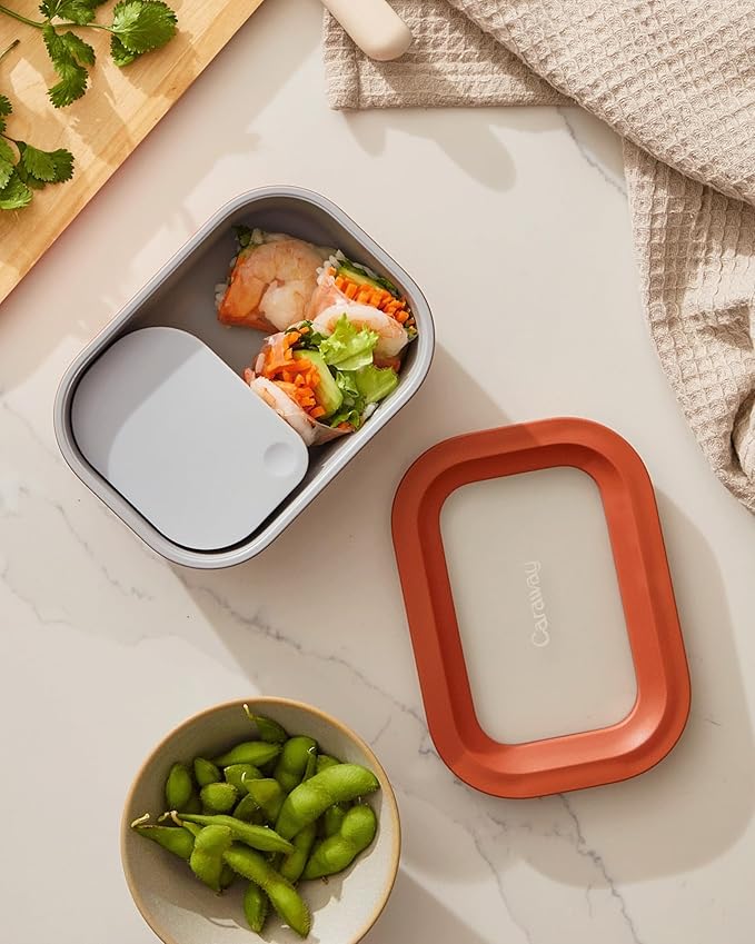Caraway 6pc Glass Food Storage Set - 2.6 Cup Storage Containers For Food (6) - Non-Toxic Ceramic-Coated Glass - Air Release Technology - Compact & Stackable Design - Sage