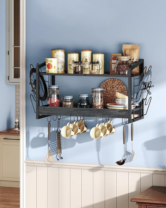 CHOEZON Hanging Pot Rack, Pot Rack Wall Mounted, 2-Tier Kitchen Pot and Lid Organizer, Wall-Mounted Cookware Holder with 12 Hooks, for Kitchen Storage of Pots, Pans, Utensils, Charcoal Black TPR02BC