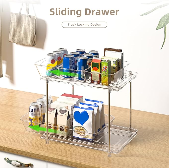 MHHA 2 Pack Bathroom Cabinet Organizer, 2 Tier Clear Under Sink Organizers and Storage Medicine Cabinet Organizer with Dividers, Pull Out Kitchen Pantry Shelf Cupboard Closet Vanity Organization Bins