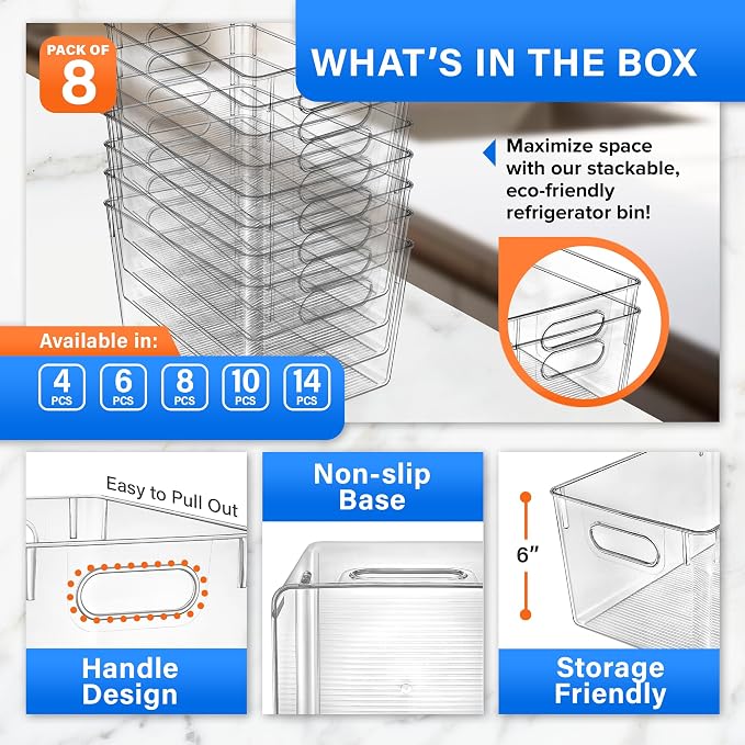 Lifemaster Multi-purpose Refrigerator Bins - 8 pieces Large Capacity Stackable Fridge Bin Organizer with Easy Grip Handles - Clear