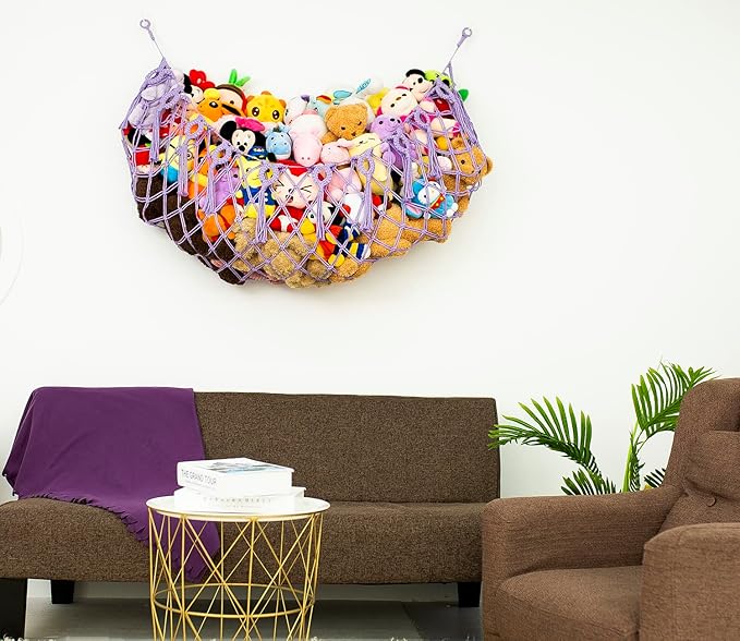 Stuffed Animal Net or Hammock for Flat Wall Hanging Net for Stuffed Animal Storage Handmade Macrame Plush Toy Hammock(Purple)