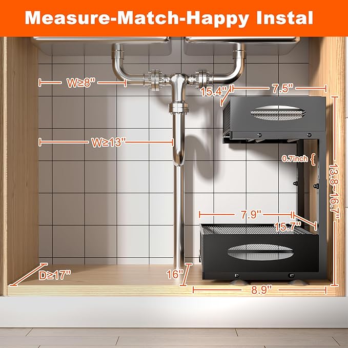 Under Sink Organizer, 2 Packs 2 Tier Under Sink Organizers and Storage, Slide Out Pull Out Cabinet Organizer Shelf, Metal Sliding Drawer for Kitchen Bathroom Pantry Cabinet Closet Organization Rack