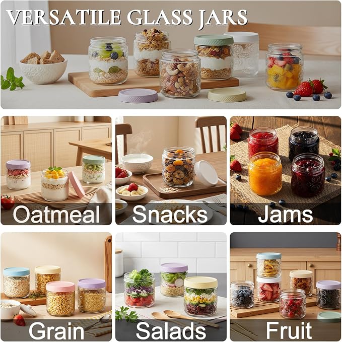 8 pack 16 oz Overnight Oats Containers with Lids, Glass Food Storage Container, Salad Jars, Mason Jars for Overnight Oats, Yogurt, Oatmeal, Salad, Coffee, Spices