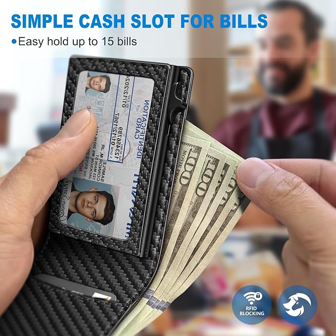 Wallet for Men, Slim Pop Up Card Holder with RFID Blocking, Minimalist Bifold Wallet with 9 Card Slots, ID Window and Cash Pocket, Metal Flip Case with Magnetic Closure, Gift Box
