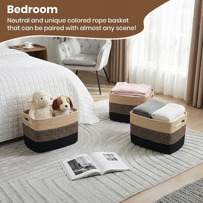 Storage Baskets for Organizing, 14 x 10 x 9” Closet Shelf Woven Baskets, Square Bins with Handles, Cotton Rope Basket for Clothes, Office, Room, Black+Brown 1Pack