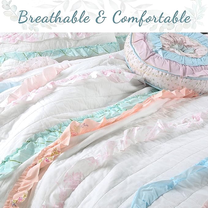 Cozy Line Home Fashions Light Pink Blue Coral White Ruffle 100% Cotton Reversible Girl Quilt Bedding Set, Reversible Coverlet Bedspread (Shabby Chic, Queen - 4 Piece)
