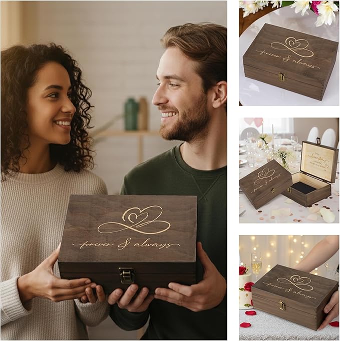 Rustic Wooden Memory Box – Medium Keepsake Storage Box with Double-Sided Engraving – “Forever & Always” Outside & “Every Love Story…” Inside – Personalized Gift for Couples, Wedding, Anniversary