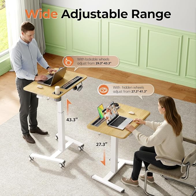 28" Mobile Standing Desk with Drawer, Portable Laptop Desk | Rolling Desk with Cup Holder & Hooks, Height Adjustable Computer Cart on Wheels for Classroom, Study Desk with Storage, Maple