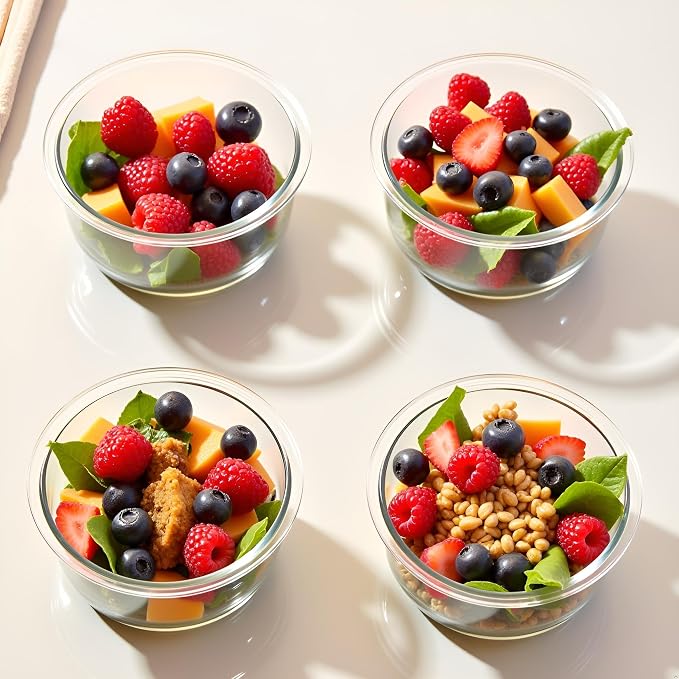 12OZ Round Glass Food Storage Containers With Lids, 1.5 Cup Round Meal Prep Containers with Lid BPA-Free, Small Glass Food Bowl for Soup Leftover, Microwave, Dishwasher, Freezer Safe-4 Pack