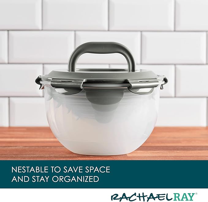 Rachael Ray Leak-Proof Nestable Container Food Storage Bin Set, 10-Piece, Clear with Gray Lids