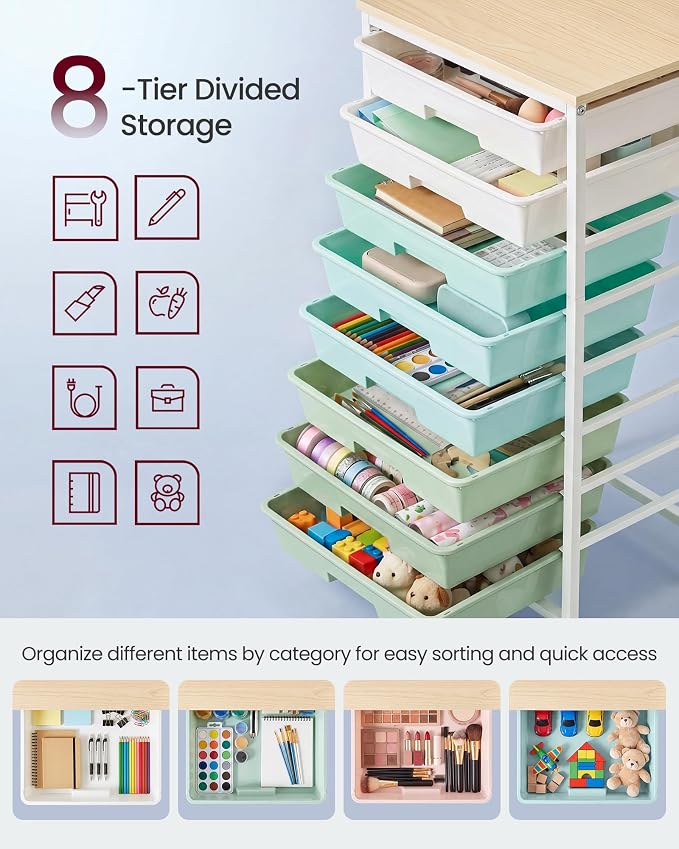 VASAGLE 8-Drawer Rolling Storage Cart, Utility Cart with Wheels and Wood Top, Craft Organizer for Office and Home, 15.6 x 11.2 x 30.1 inch, Green and White, Benco Collection ULRC006C101