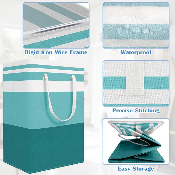 BlissTotes 3-Pack Laundry Basket, Freestanding＆Waterproof Laundry Hamper, Collapsible Tall Clothes Hamper with Easy Carry Handles for Clothes, Towels in the Family and Dorm,Gradient Green,100L