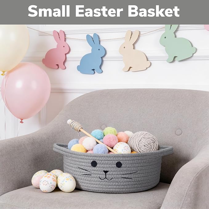 Small Woven Rope Storage Basket, Cute Cat Toy Basket for Living Room, Baby Baskets for Nursery, Gift Baskets Empty for Baby Shower, Grey, 9.8 x 4 inches
