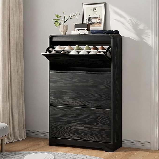 Garvee Hidden Shoe Cabinet, Black | 3 Flip Drawers, Freestanding, For Entryway, Hallway, Foyer, Modern Design, Small Space