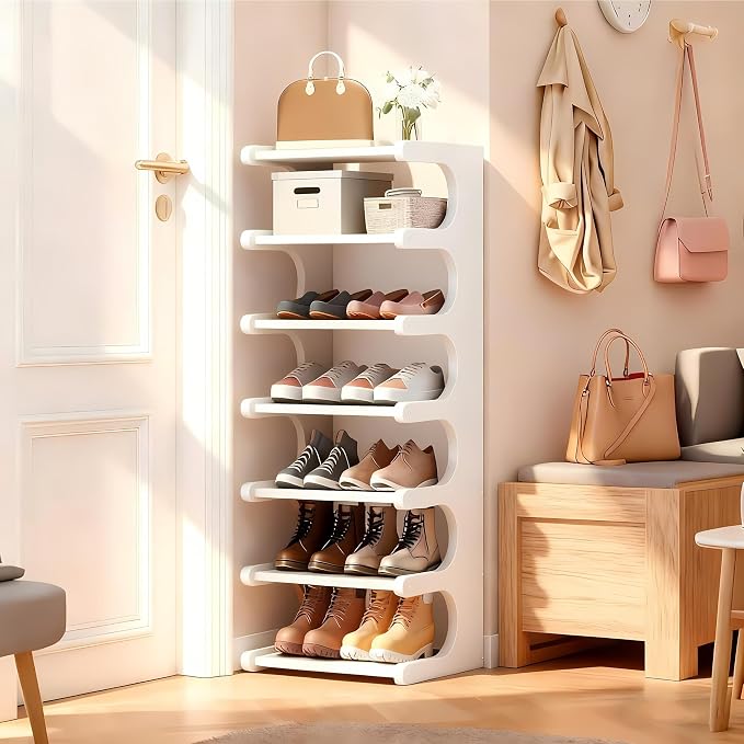 7-Tier Vertical Shoe Rack, Bamboo Free Standing Shoe Rack Shelf, Shoe Storage Stand, Entryway Shoe Tower, Vertical Shoe Organizer for Narrow Closet, Entryway, Hallway