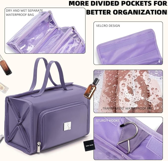 ROYALFAIR Roll Up Makeup Bag, Waterproof Toiletry Bag for Women, Hanging Travel Organizer bags with Jewelry Organizer Compartment, Extra Large 4 Clear TSA Approved Pouches Cosmetic Makeup (violet)