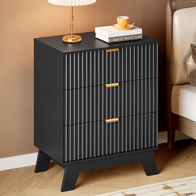 BORNOON Fluted 3 Drawer Dresser, 30.3" Tall Compact Modern Boho Chest of Drawers, Wooden Storage Cabinet for Bedroom, Living Room, Entryway, Curved Profile Design