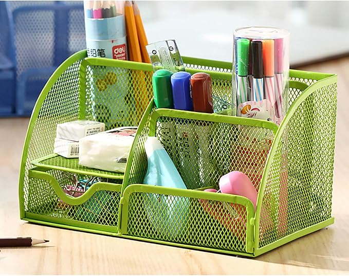 VANRA Office Supply Caddy Mesh Desk Organizer School Supply Holder 6 Compartments with Drawer (Green)