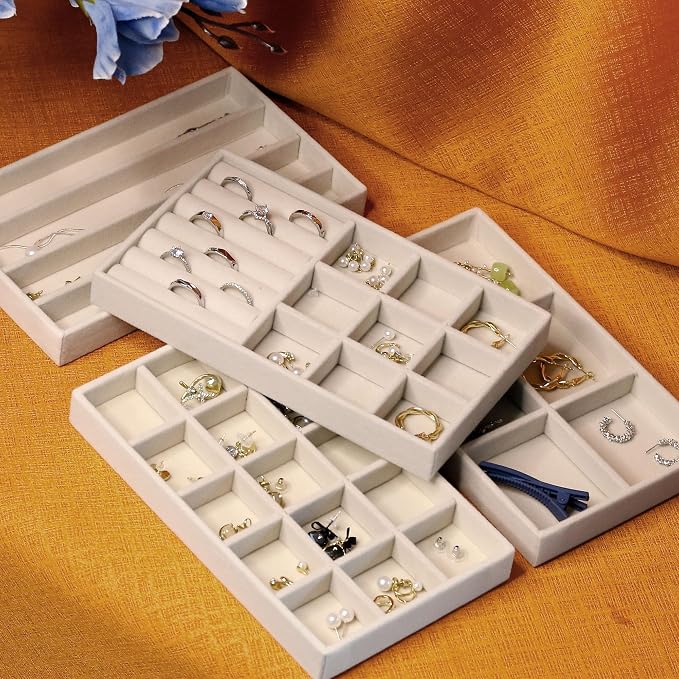 Set of 4 Beige Stackable Jewelry Trays, Jewelry Drawer Organizer Inserts | Jewelry Organizer Trays for Drawer, Jewelry Display Tray Storage with Removable Dividers for Earring Ring Necklace Bracelet