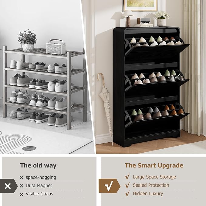 Garvee Hidden Shoe Cabinet, Black | 3 Flip Drawers, Freestanding, For Entryway, Hallway, Foyer, Modern Design, Small Space