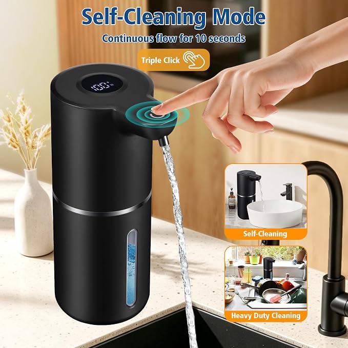 Automatic Foam Soap Dispenser Touchless | USB Rechargeable Smart Hand Soap Dispenser, 4-Level Adjustable, 12oz Wall Mounted for Bathroom Kitchen(Black Foam)
