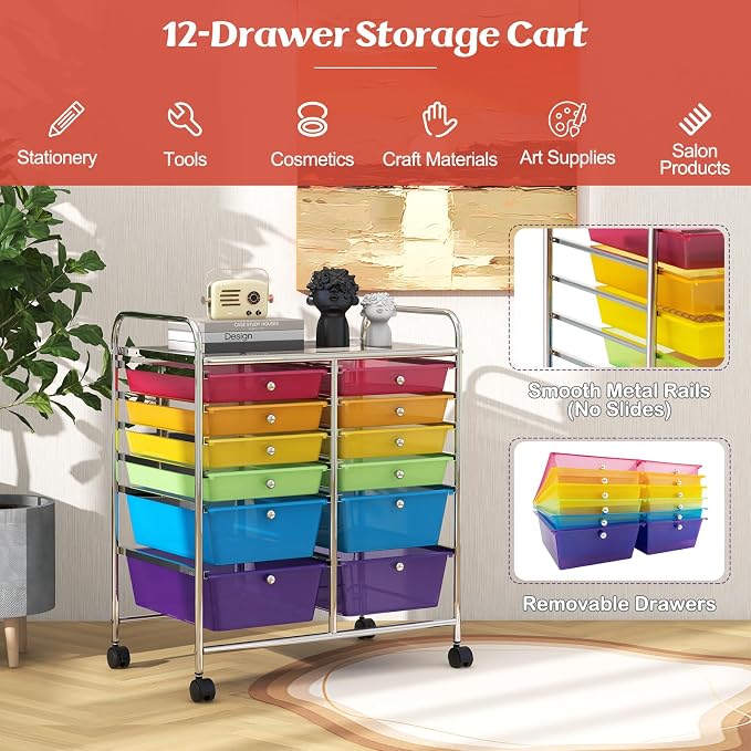 Moccha 12-Drawer Rolling Storage Cart - Utility Cart on Wheels with Lockable Casters for Craft Art Supply Paper Salon, Mobile Drawer Carts for Classroom Teacher School Office (Rainbow)