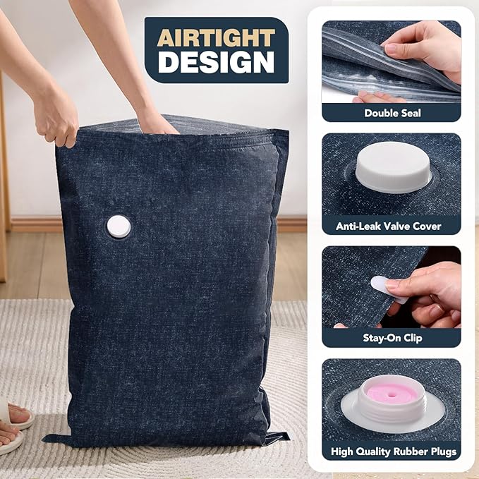 6 Pack Cloth Vacuum Storage Bags, Vacuum Seal Bags for Clothing with Hand Pump, 2 Large+4 Medium, 80% Space Saver Bags for Luggage, Comforters,Blankets, Home Travel Essentials(Demin)