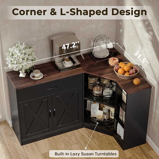 Loomie Corner Cabinet w/Charging Station, Kitchen Pantry Cabinet w/2 Tier Lazy Susan Turntable, Farmhouse Food Pantry w/Drawer & Doors & Adjustable Shelf, L-Shaped Sideboard for Dining Room (Black)