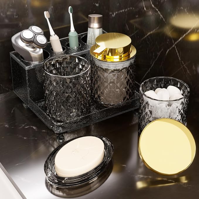 Glass Bathroom Accessories Set 5Pcs Crystal - Foaming Soap Dispenser, Soap Dish, Cup, Acrylic Toothbrush Holder with Tray Organizer, Qtip Jar, Bathroom Counter Set Sink Decor (Black)